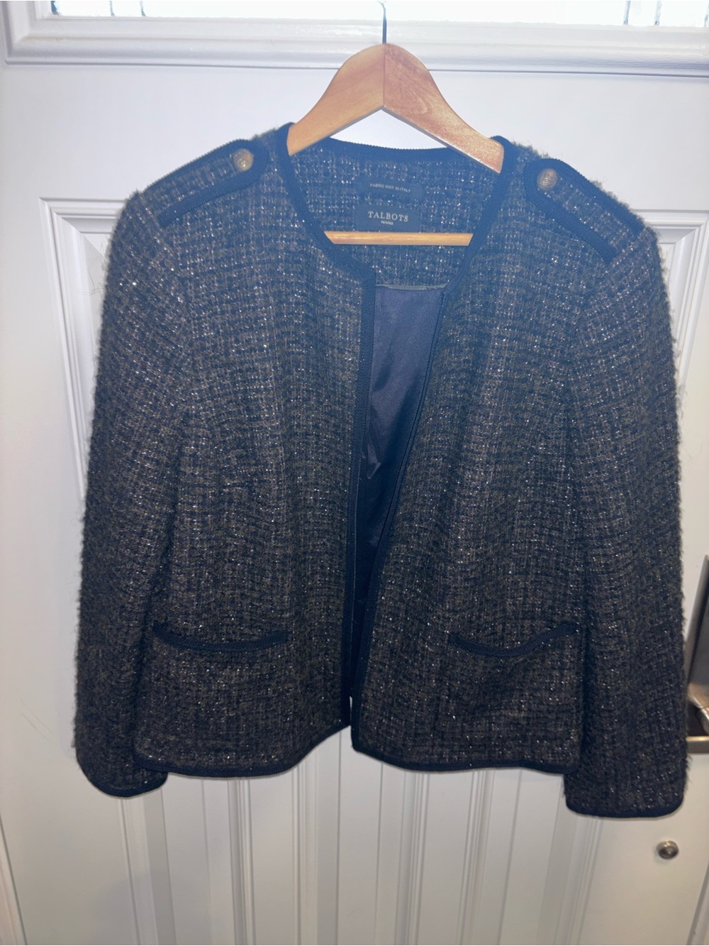 Talbots Black Charcoal Tweed Collarless Jacket with Gold Buttons